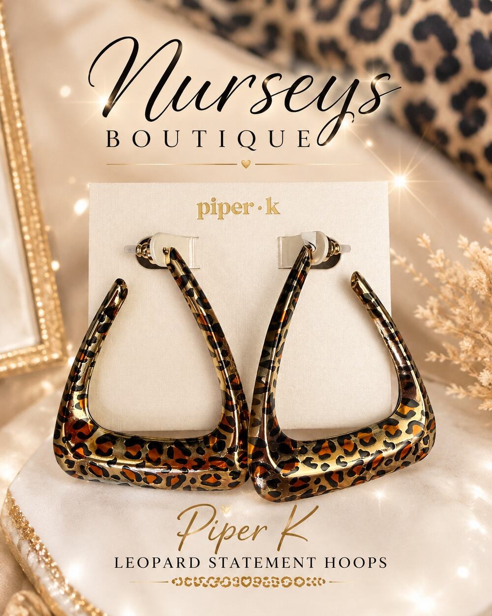 Piper K Leopard Print Geometric Hoop Earrings Gold Tone NWT Statement